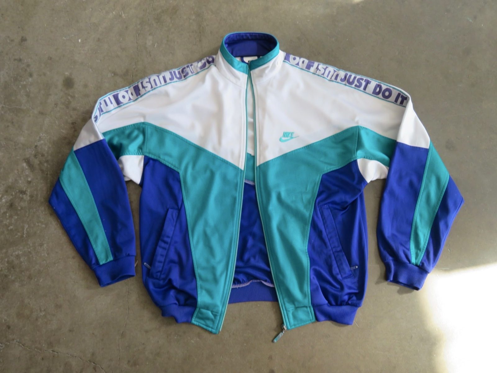 Vintage Nike White, Cyan & Blue Track Top medium 99s Just Do It Tape image 6