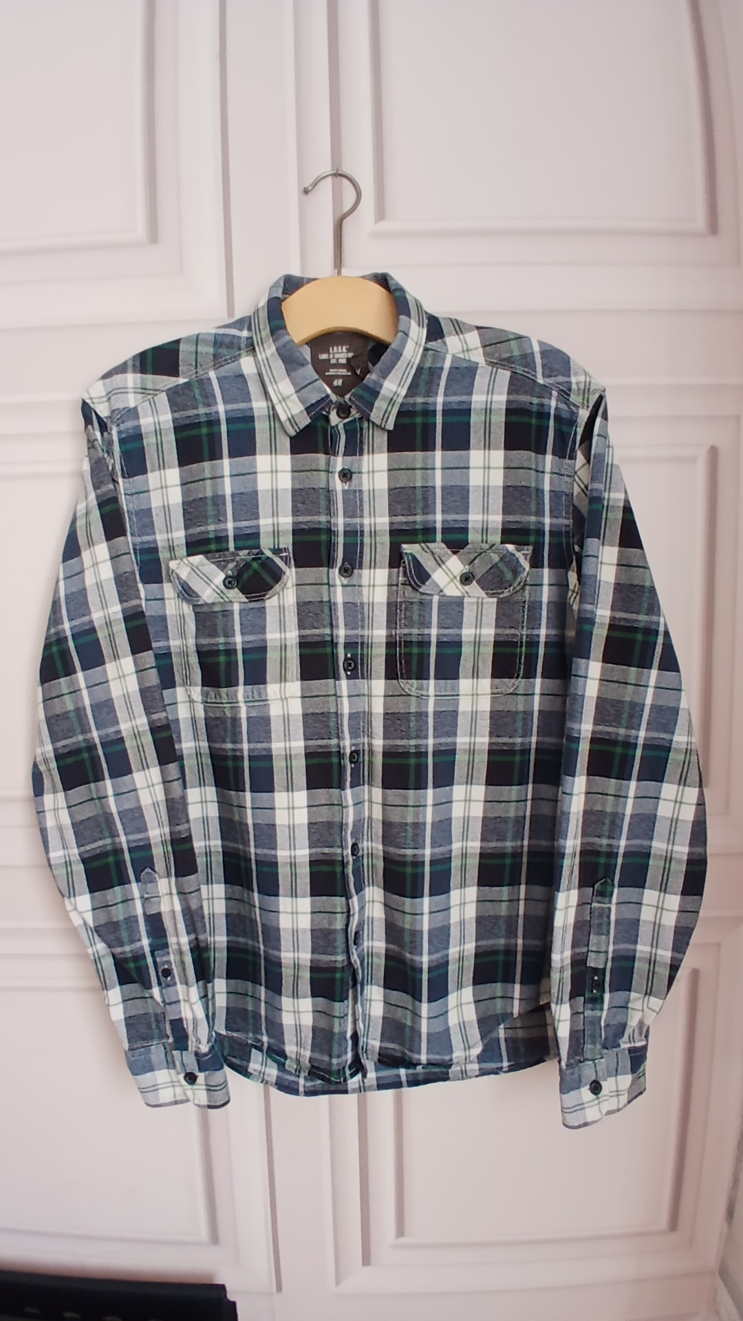 H&M Blue Green White Check Fitted Cotton Shirt Large