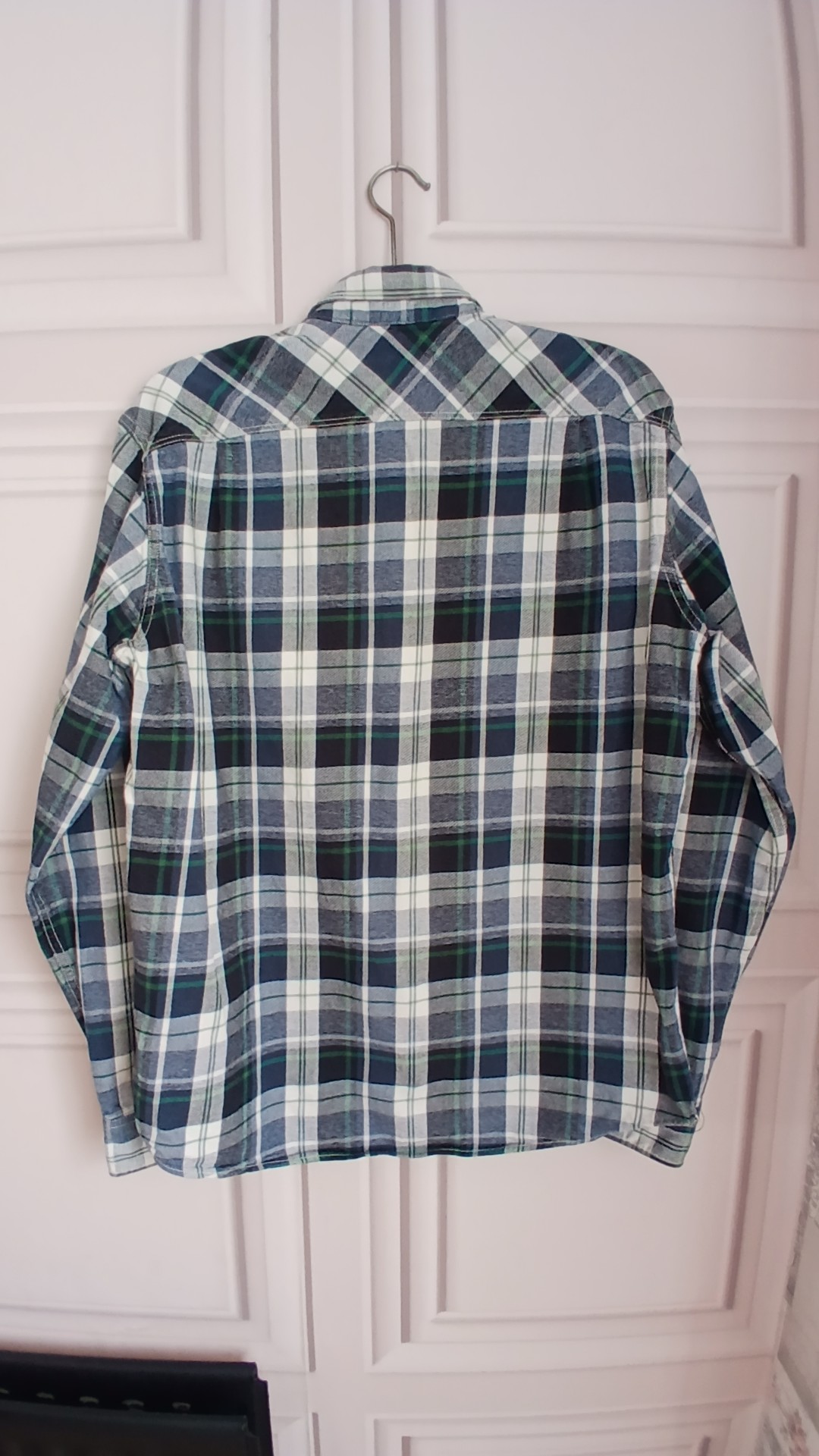 H&M Blue Green White Check Fitted Cotton Shirt Large image 2