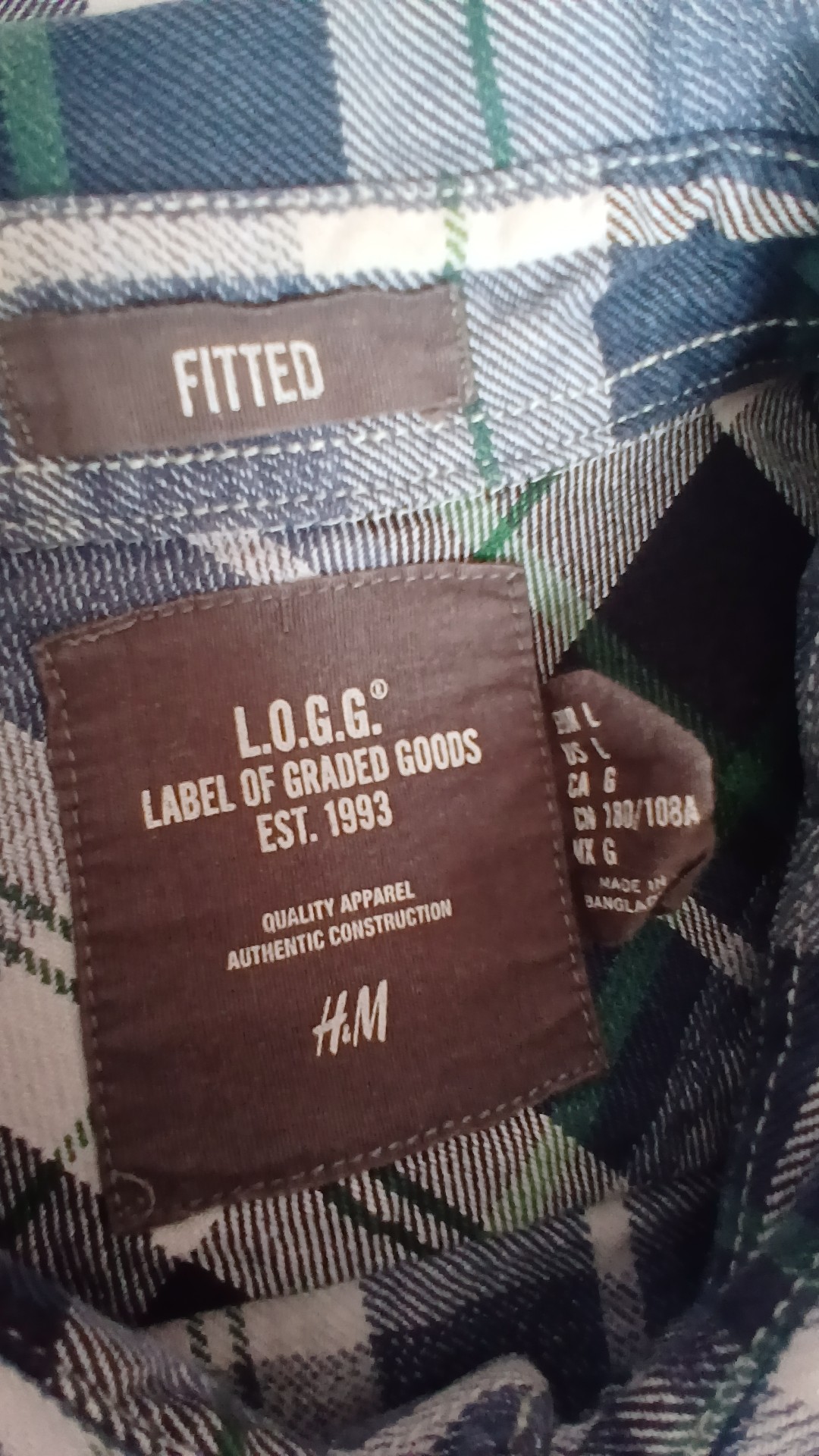 H&M Blue Green White Check Fitted Cotton Shirt Large image 4