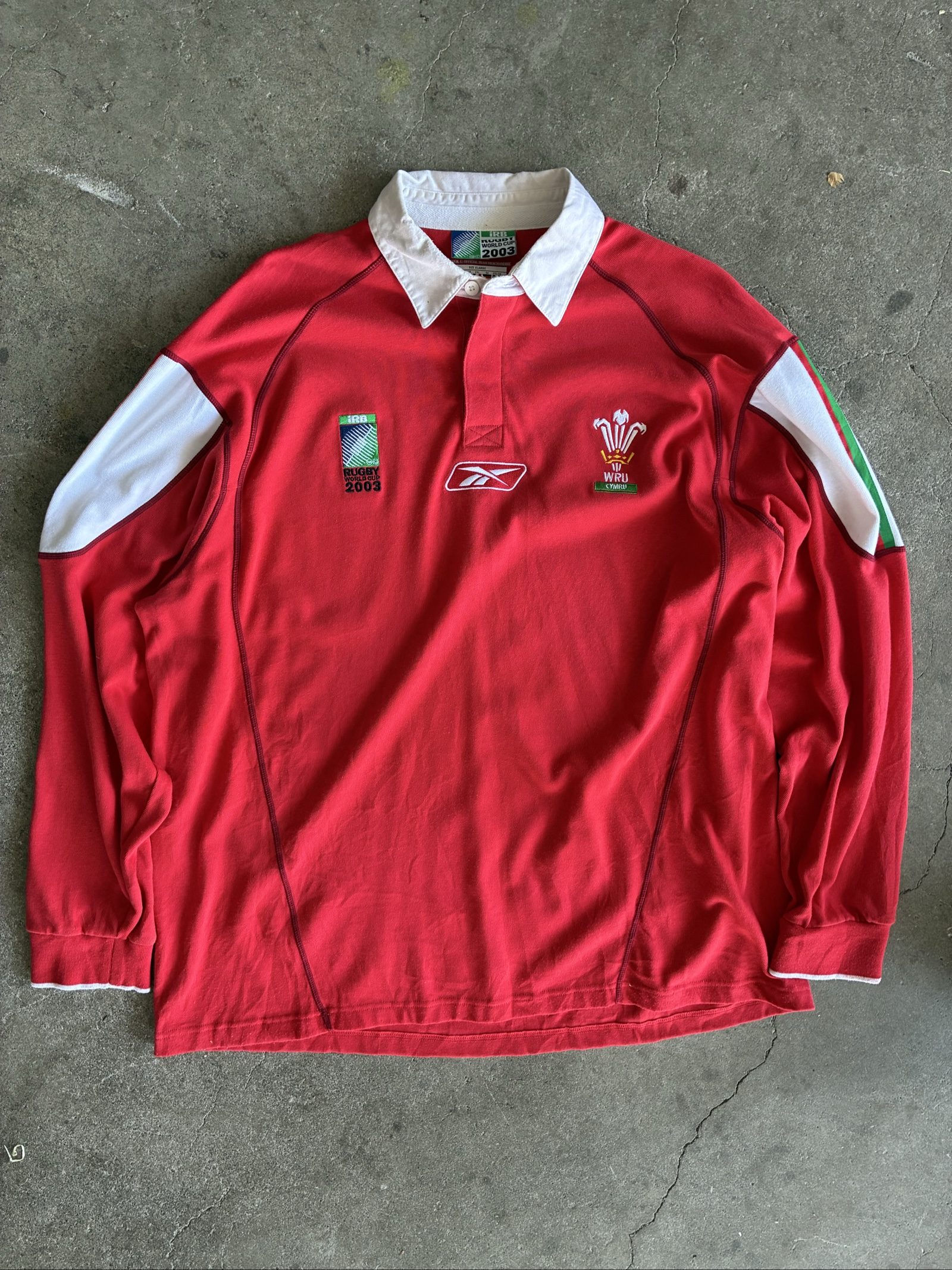 Vintage Reebok Red & White WRU Cymru Rugby World Cup 2003 Polo Shirt XXL
