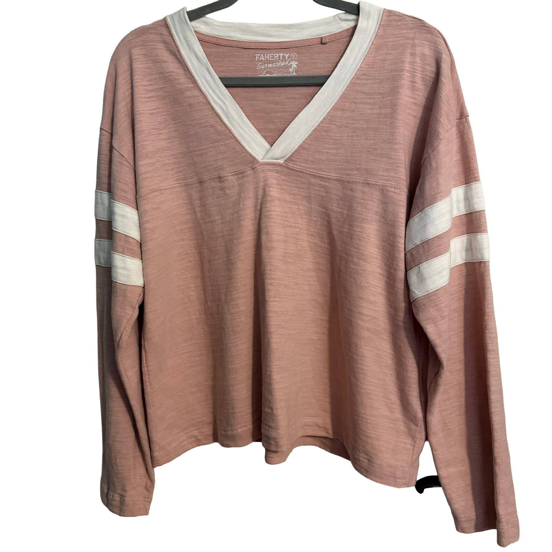 Faherty Women's Pink & White Organic Cotton Long Sleeve V-Neck Shirt Large image 3