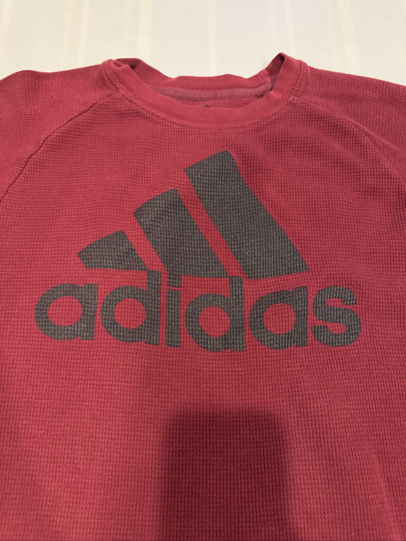Boy’s Adidas Logo Thermal Waffle Long Sleeve Shirt – Red Black – Large image 2