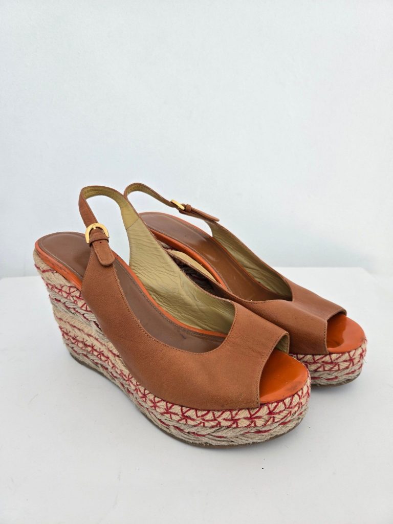 Sergio Rossi Womens Brown Leather Espadrille Wedge Sandals Size 38.5