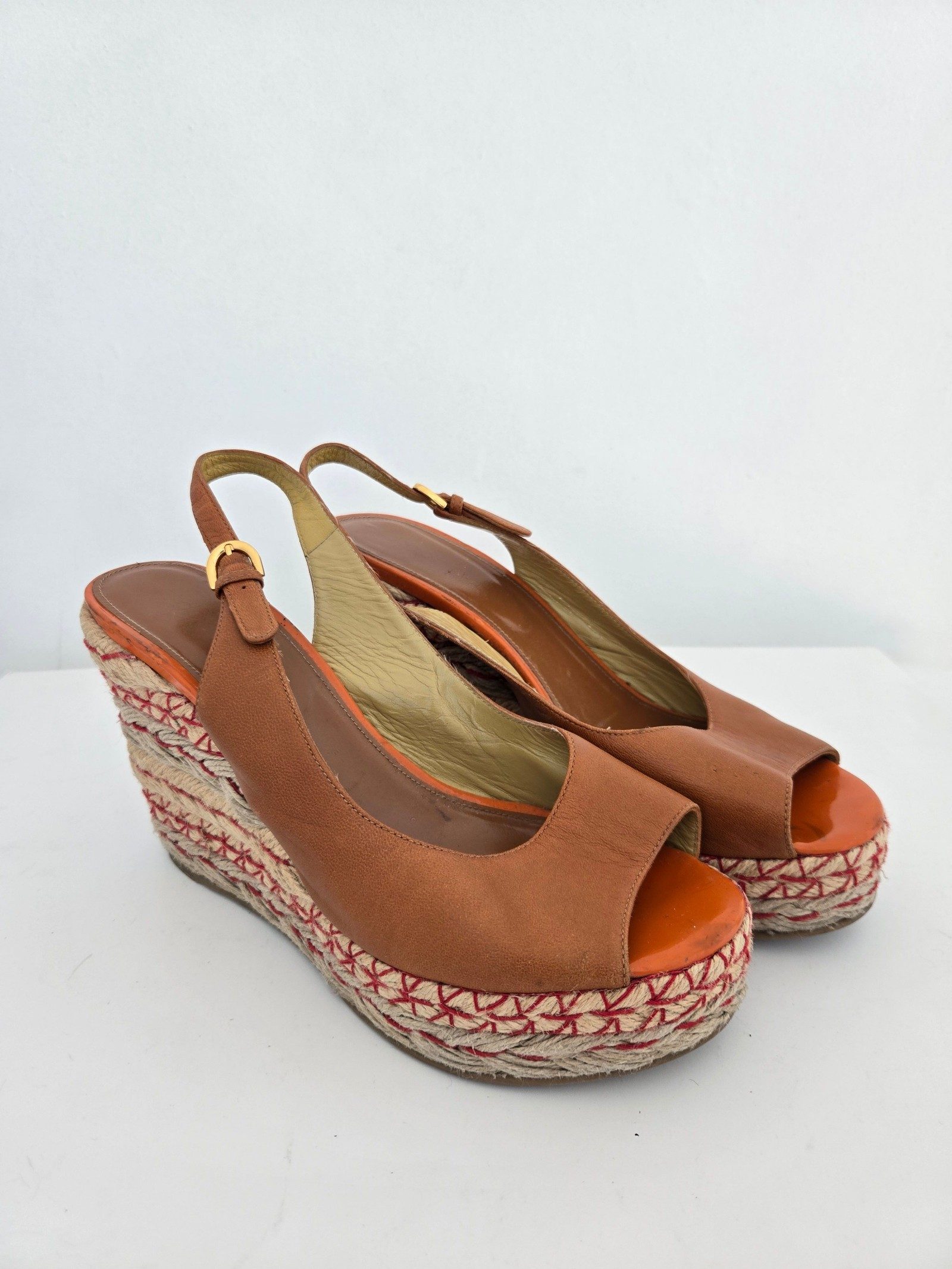 Sergio Rossi Womens Brown Leather Espadrille Wedge Sandals Size 38.5
