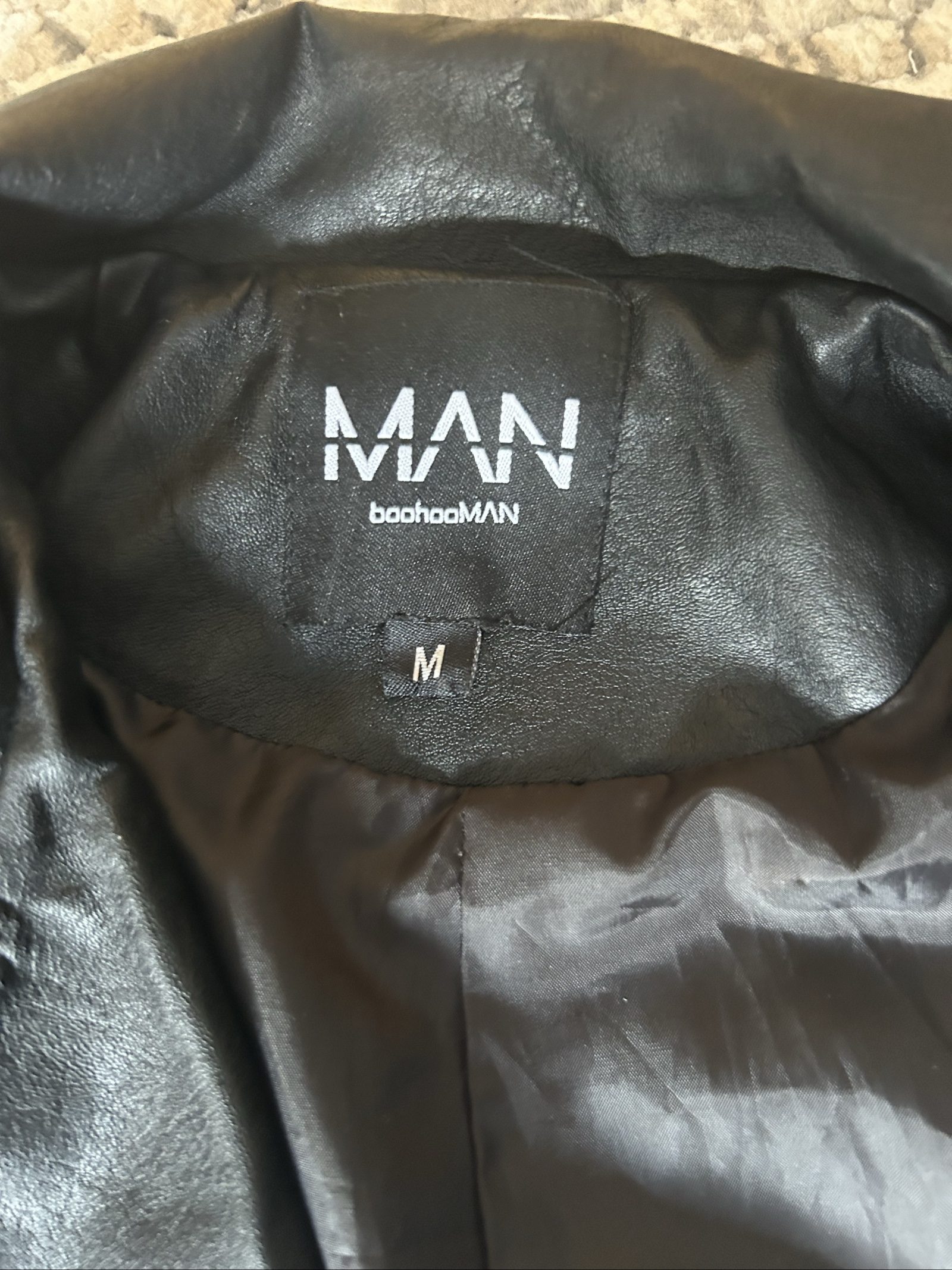 boohooMAN Black Faux Leather Biker Jacket Medium Quilted Shoulders image 4