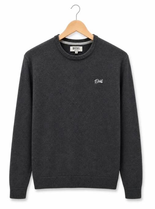 Diesel Men's Charcoal Grey Logo Knit Jumper Medium