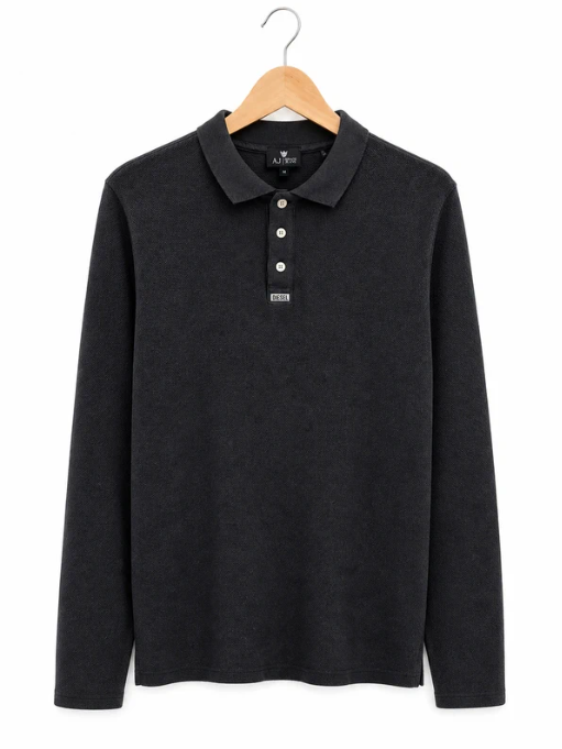 Diesel Men's Dark Grey Waffle Knit Long Sleeve Polo Shirt XL