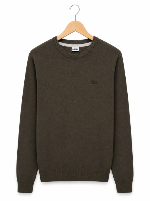 Diesel Men's Khaki Green Cotton Crew Neck Sweater Large