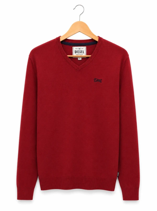 Diesel Men's Red V-Neck Cotton Sweater XXL