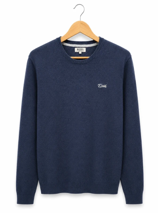 Diesel Navy Blue Men's Sweater Logo Embroidery Large