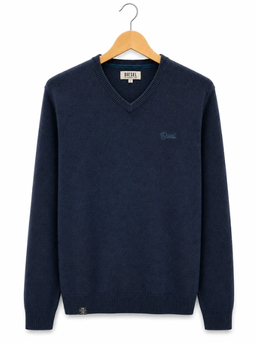 Diesel Navy V-Neck Sweater Embroidered Logo Large