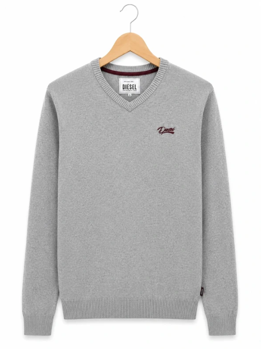 Diesel Men's Grey V-Neck Sweater Burgundy Logo Medium