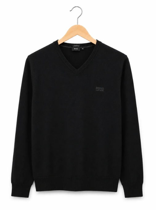 Boss Men's Black V-Neck Wool Jumper with Elbow Patches XL