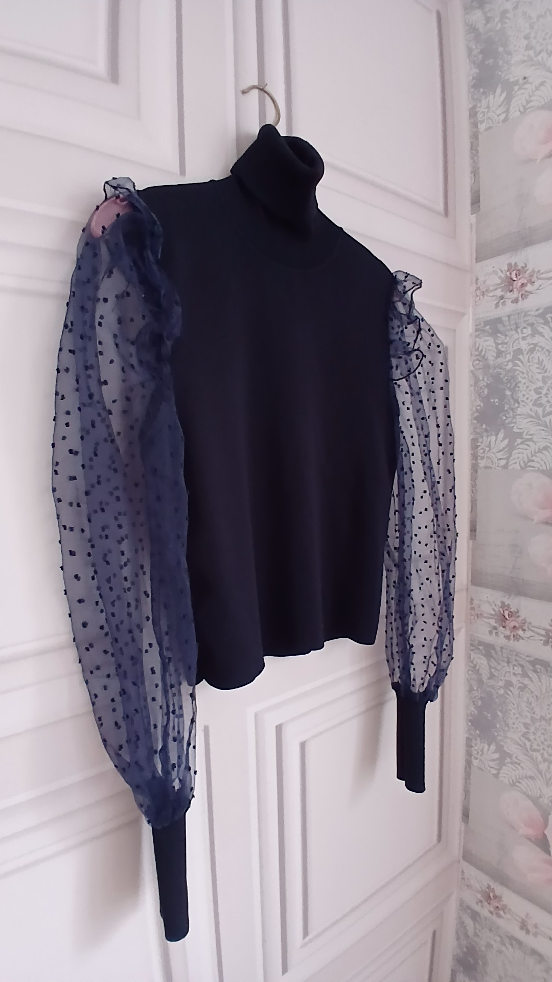 Zara Navy Blue Turtleneck Sheer Sleeve Knit Jumper Eur L
