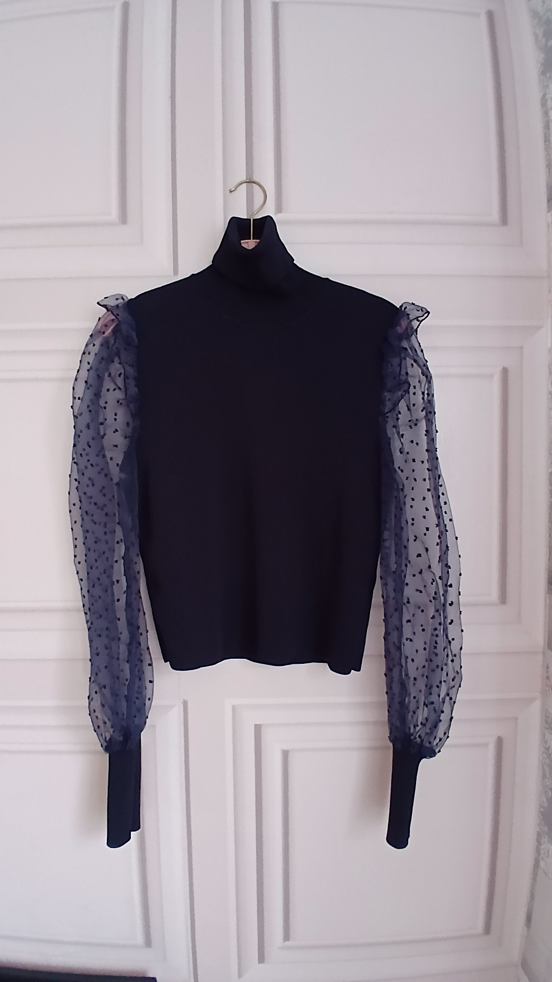 Zara Navy Blue Turtleneck Sheer Sleeve Knit Jumper Eur L image 2