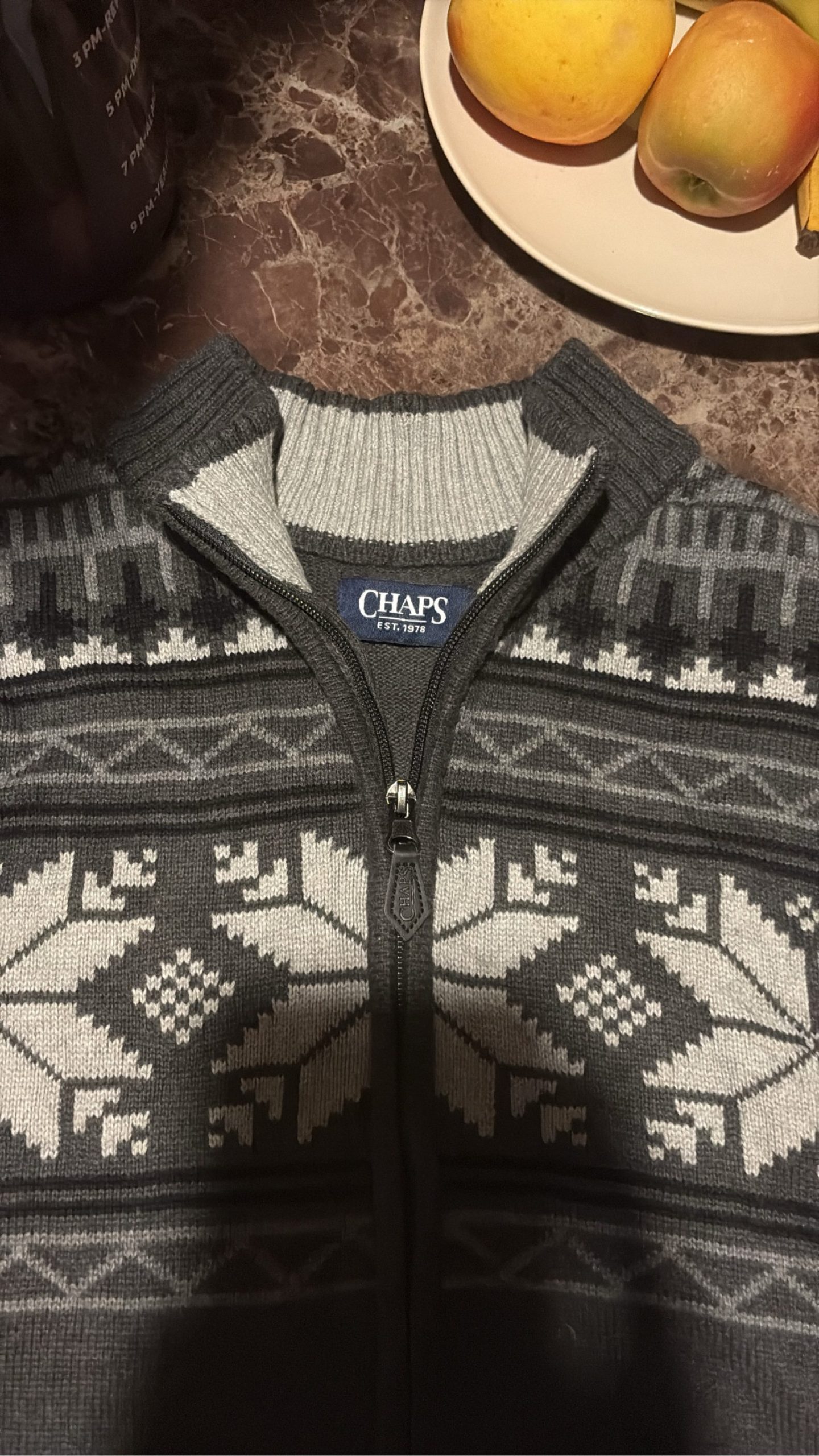 Chaps Men's Grey Fair Isle Zip-Up Sweater XXL Wool Blend
