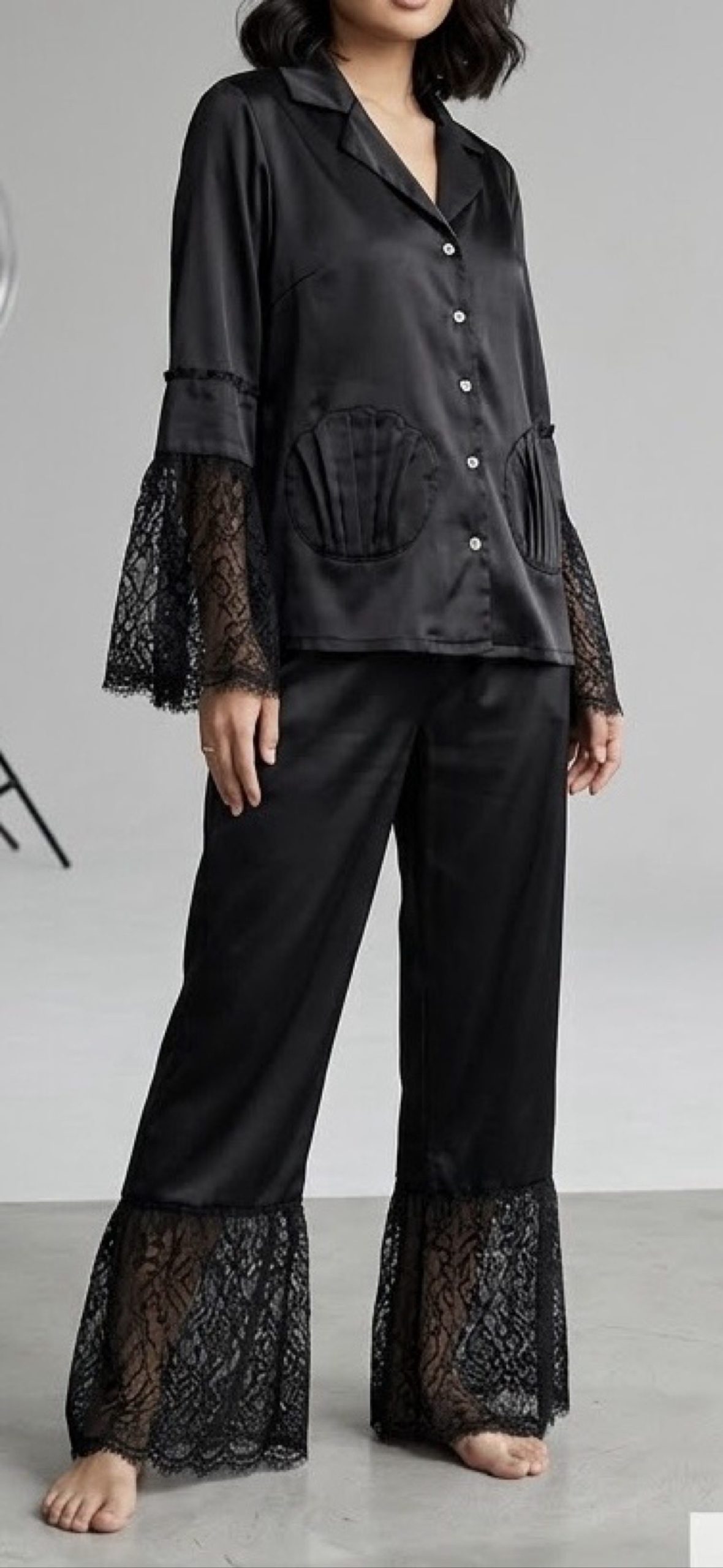 Black Satin & Lace Women's Pajama Set Medium