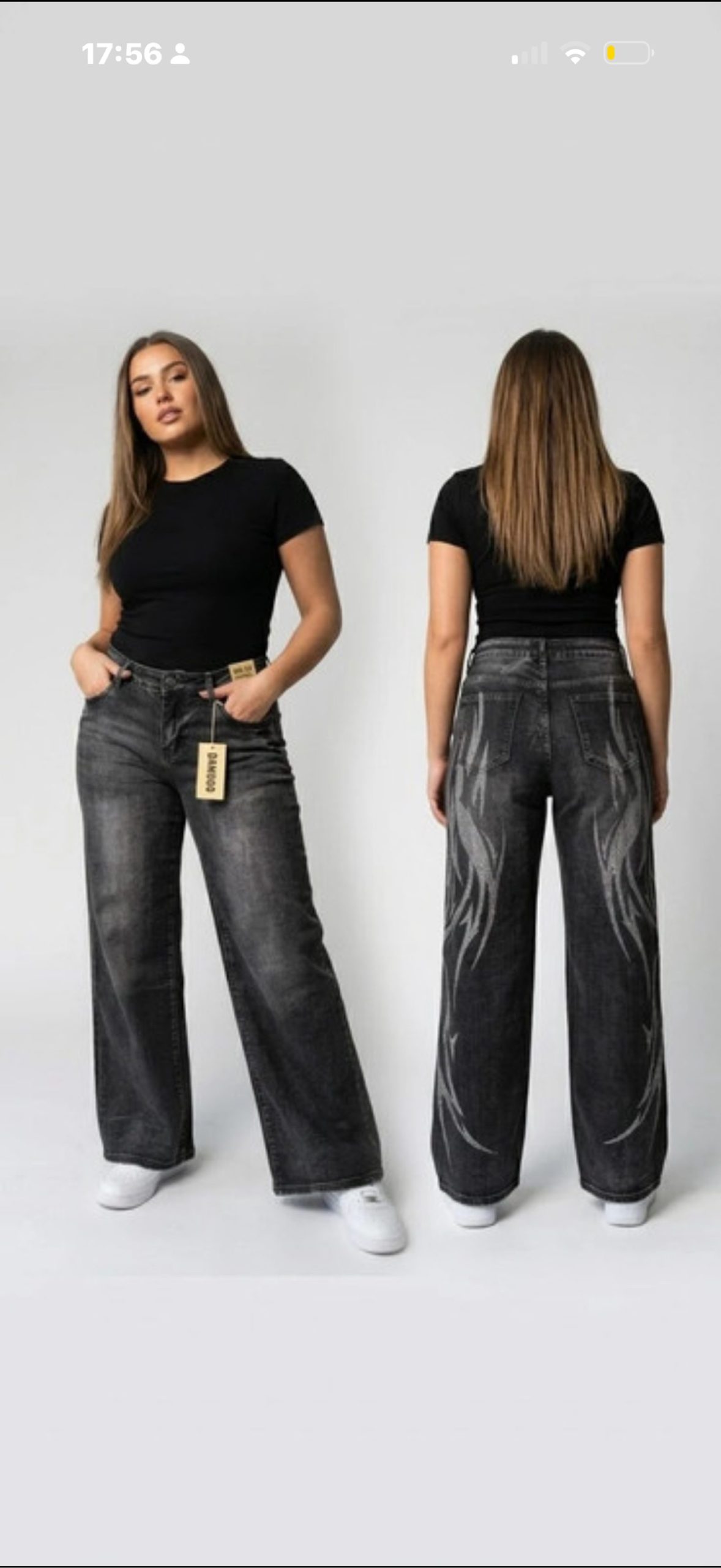 Diyano Women's Black Wide Leg Flame Detail Jeans L