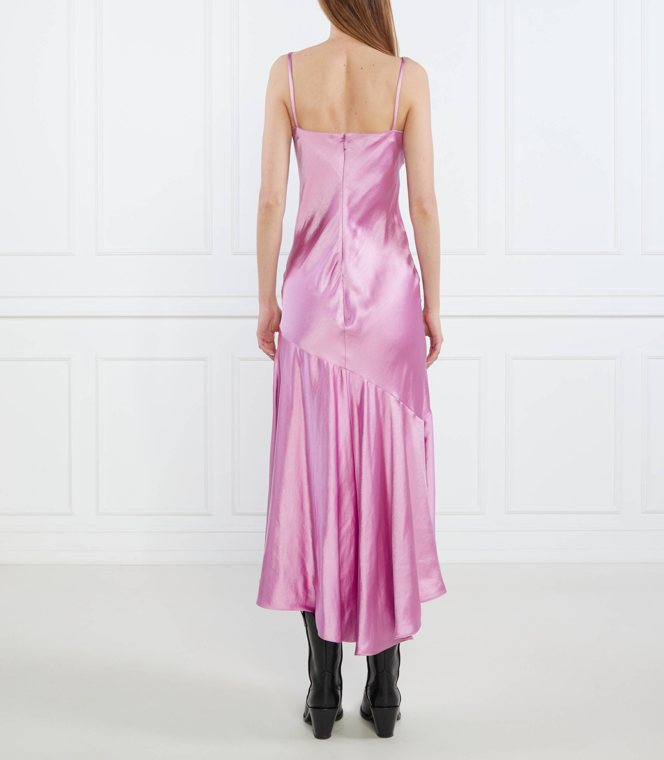 Pink Satin Slip Dress Women's Asymmetric Hem Spaghetti Strap image 6