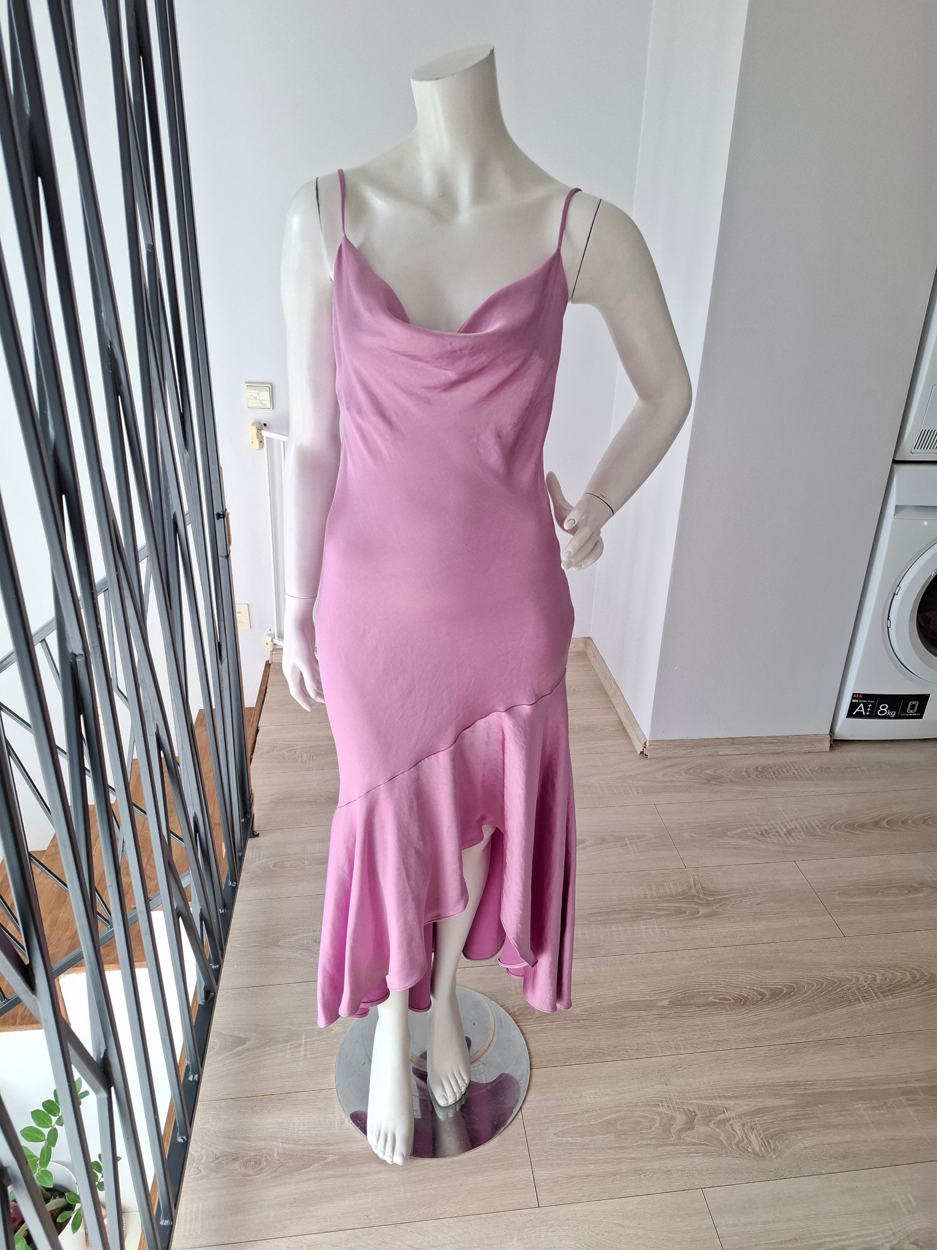 Pink Satin Slip Dress Women's Asymmetric Hem Spaghetti Strap image 7