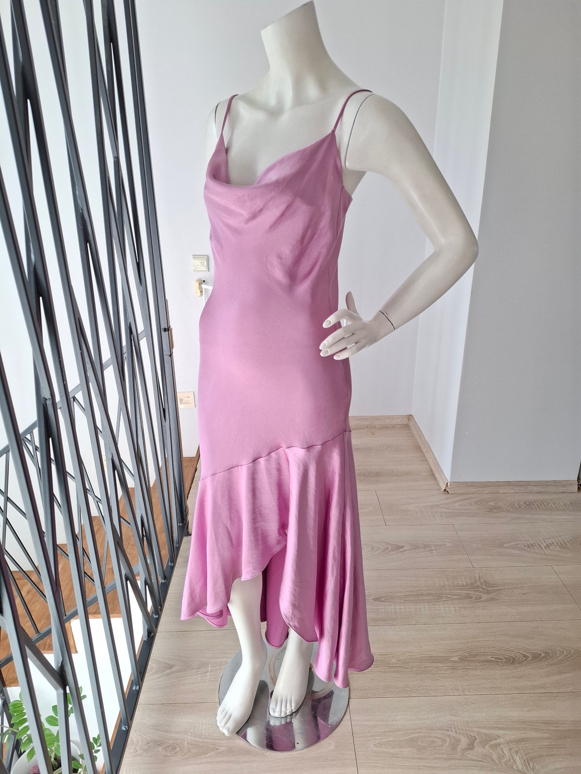 Pink Satin Slip Dress Women's Asymmetric Hem Spaghetti Strap image 8