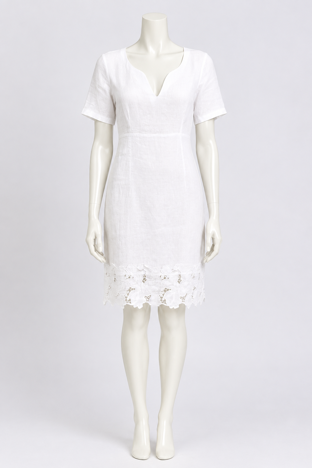 New 120% Lino White Linen Lace Hem Dress Size M