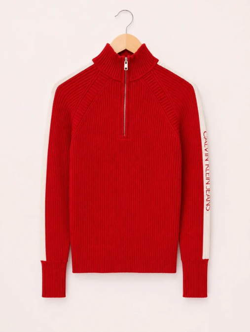 Calvin Klein Jeans Women's Red & White Ribbed Half-Zip Sweater Medium