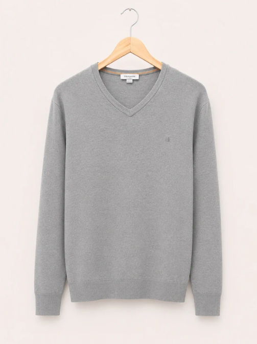 Calvin Klein Grey V-Neck Wool-Blend Sweater Casual XXL