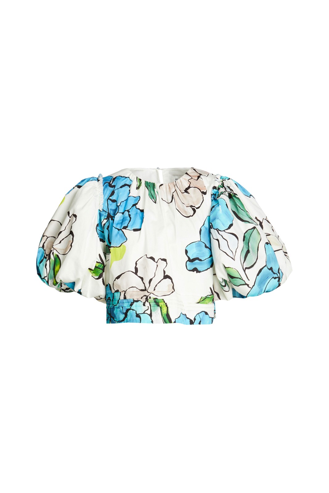Aje. White & Blue Floral Puff Sleeve Crop Top XS Cotton