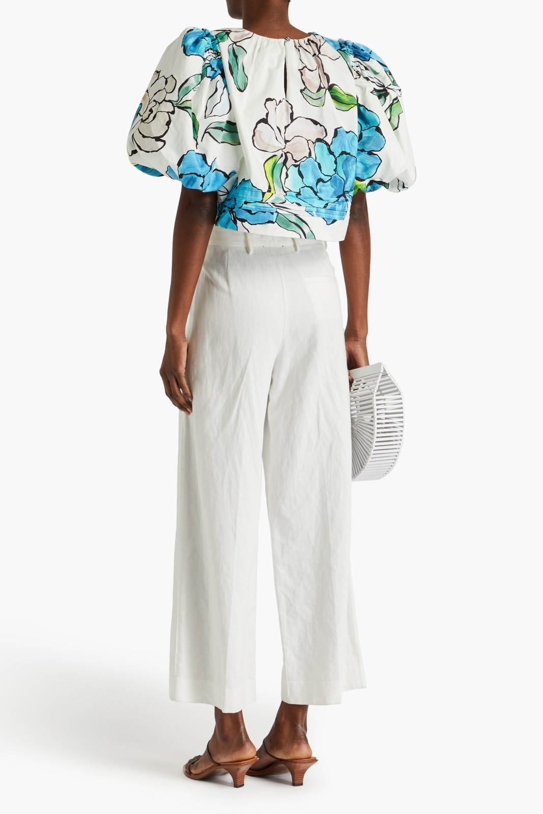 Aje. White & Blue Floral Puff Sleeve Crop Top XS Cotton image 3