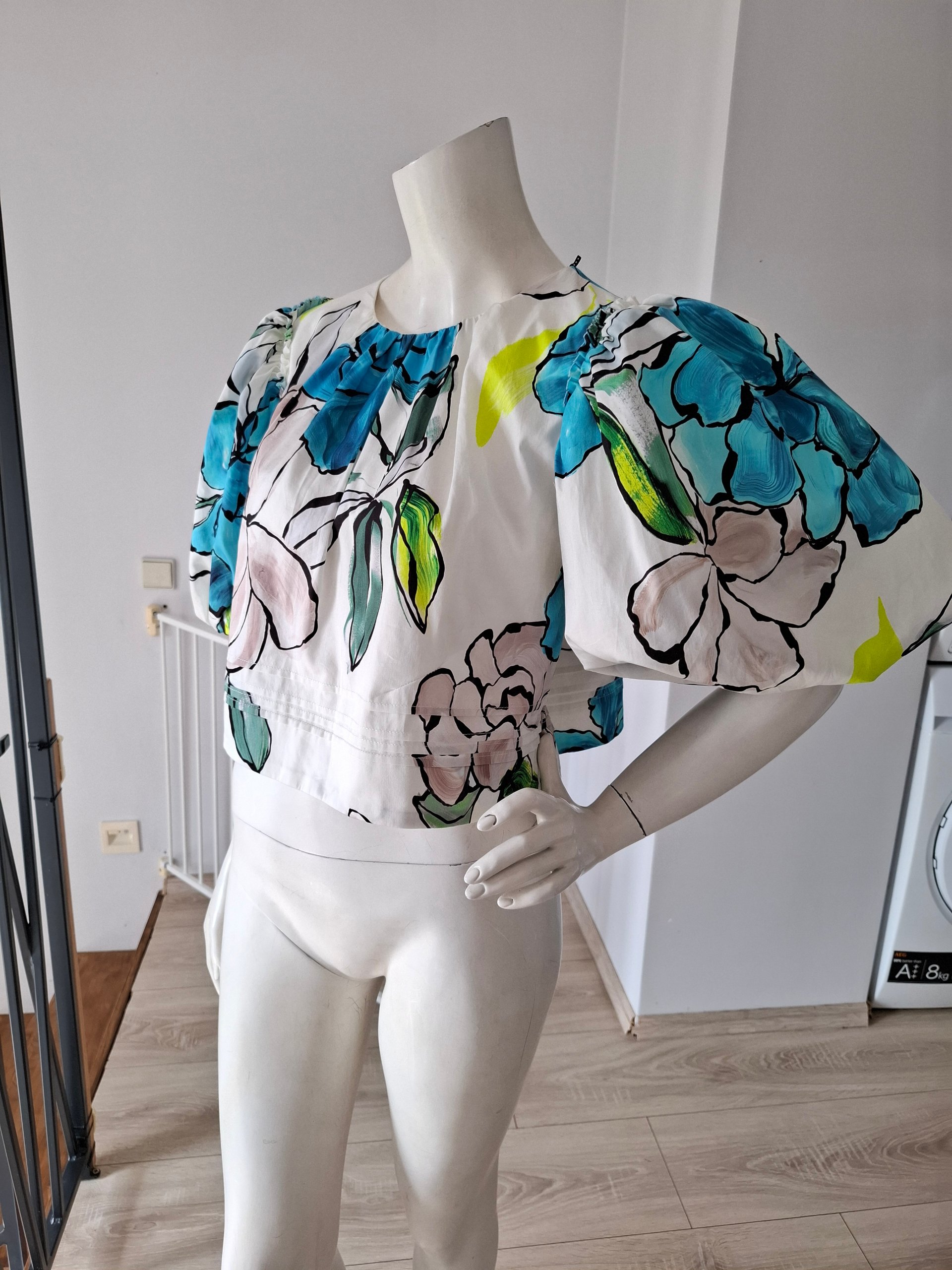 Aje. White & Blue Floral Puff Sleeve Crop Top XS Cotton image 6