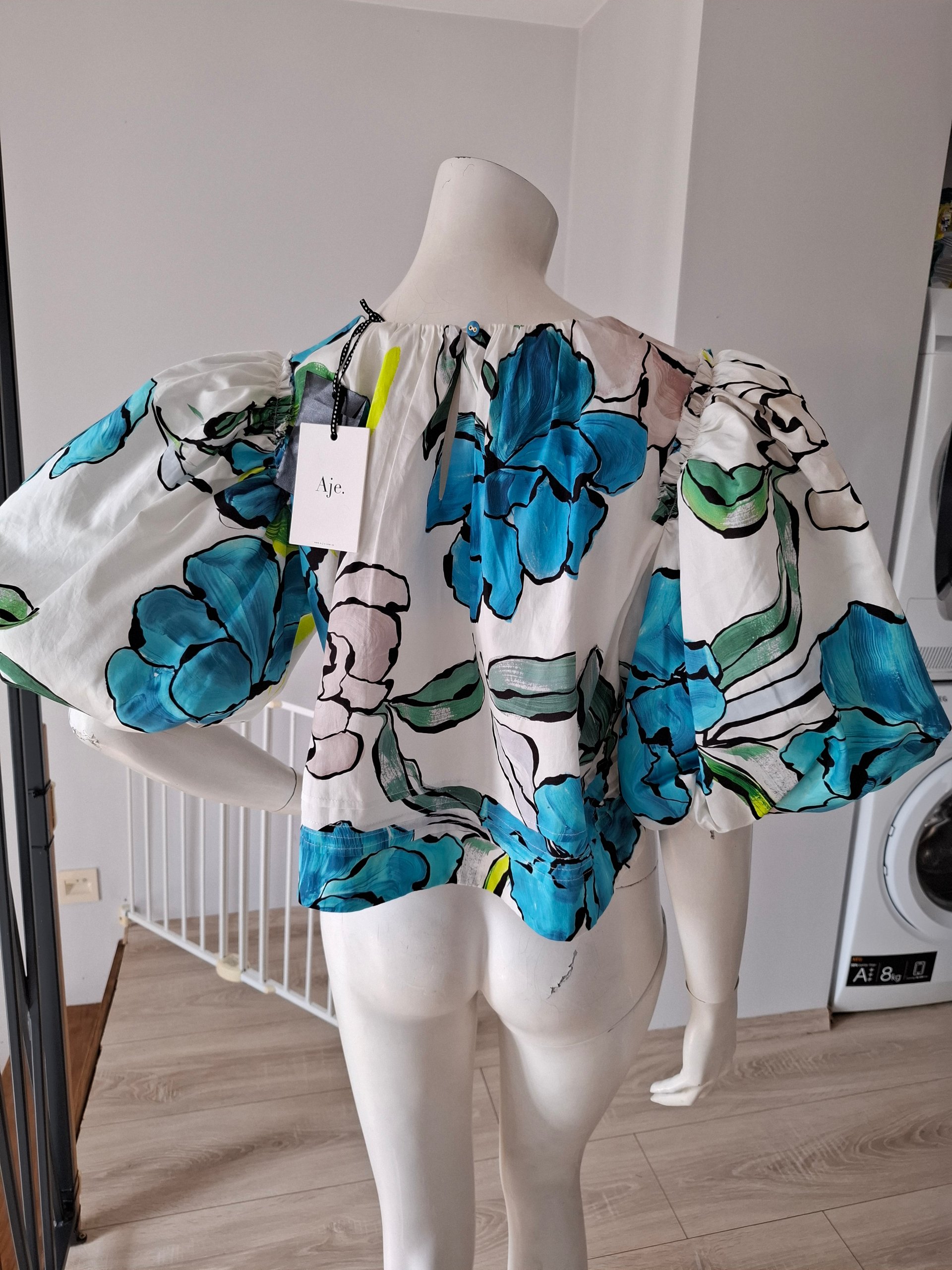 Aje. White & Blue Floral Puff Sleeve Crop Top XS Cotton image 8