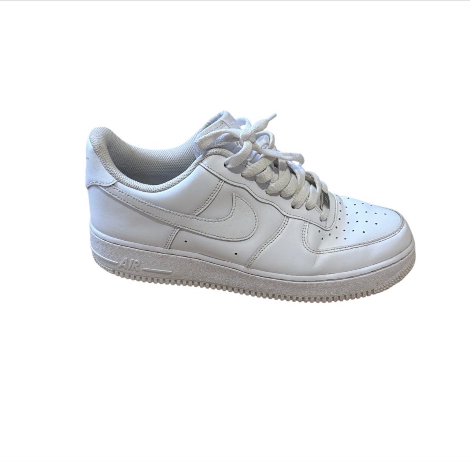 Nike Air Force 1 ‘07 men’s white trainers, style CW2288-111. Details: • Brand: Nike • Style: Low-top, lace-up • Colour: White • Labelled size: UK 8.5 / EU 43 / US 9.5 / CM 27.5 • Materials: Leather upper; textile lining; rubber outsole. • Features: Swoosh logos, perforated toe and padded collar. • Condition: Used, with creasing, scuffs and discolouration. IMPORTANT: Two holes in the inner heel lining of EACH shoe, with frayed fabric and the underlying layer exposed. Please review the close-up damage photos before buying. White appears warmer in some photos due to lighting. Fast UK dispatch. Offers welcome. Please check the photos, labelled size and measurements carefully before purchasing. image 10