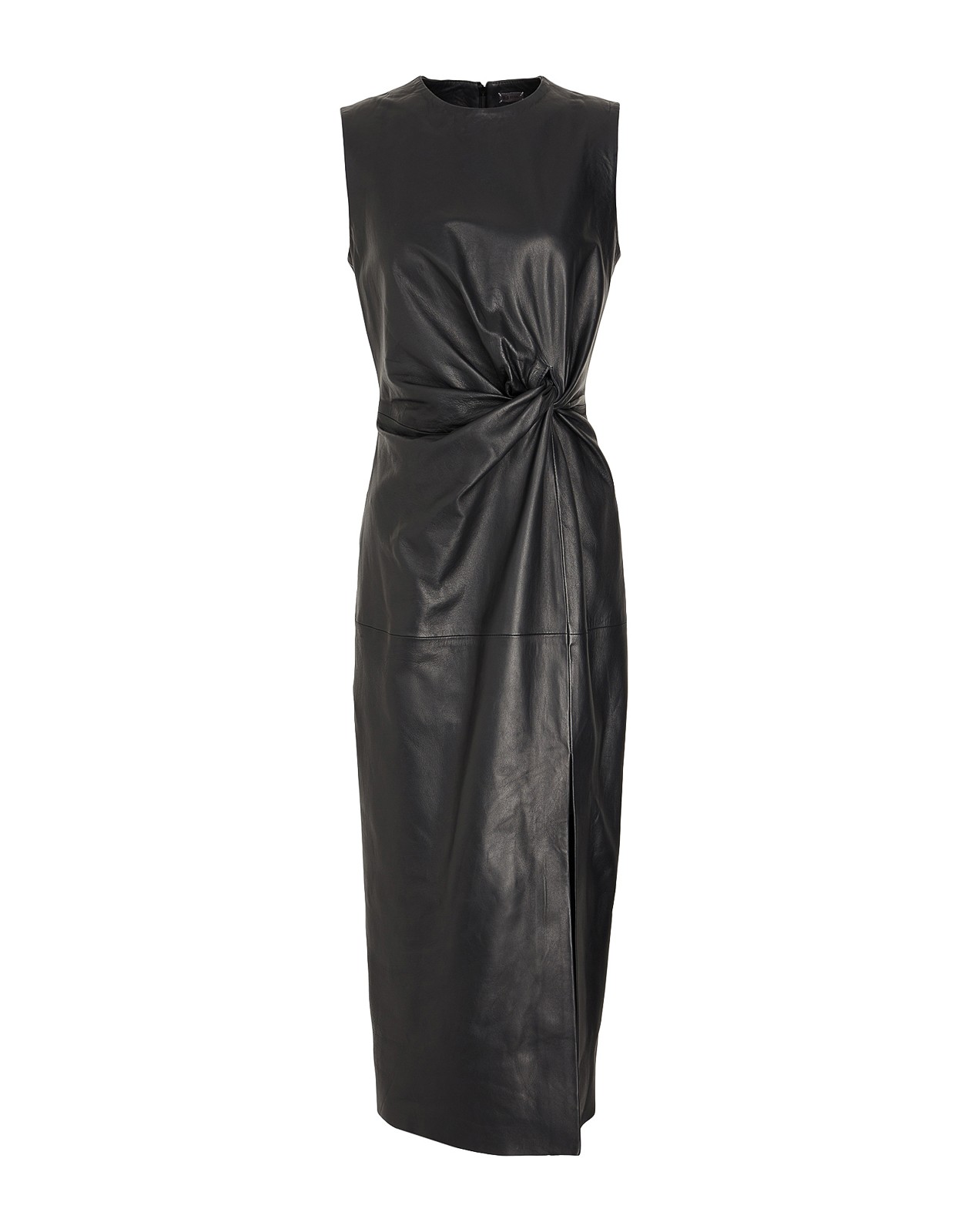 New 8 BY YOOX Black 100% Lambskin Leather Twist Front Midi Dress Size S
