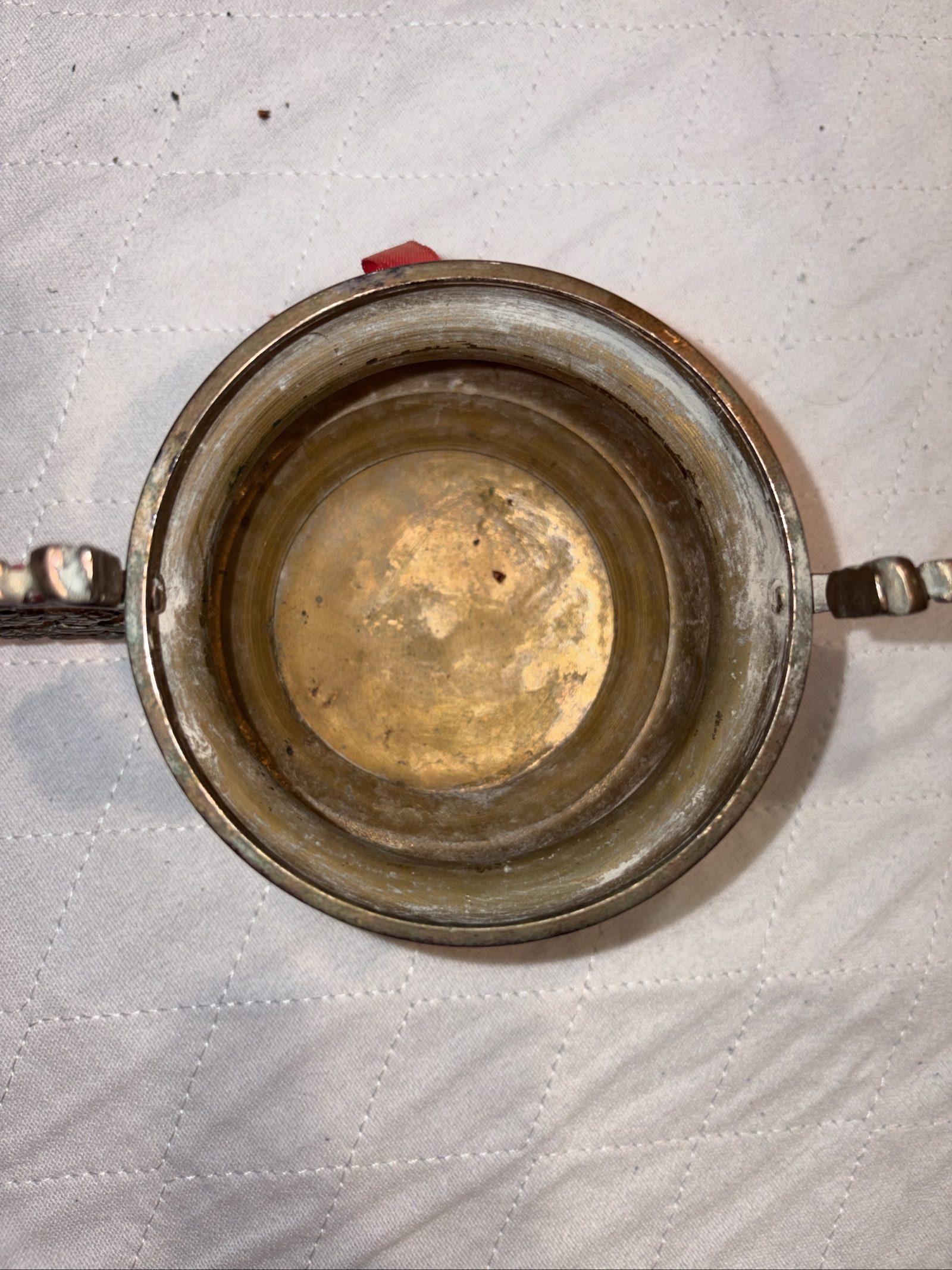 Chinese Dragon Handle Metal Decorative Bowl with Red Ribbon