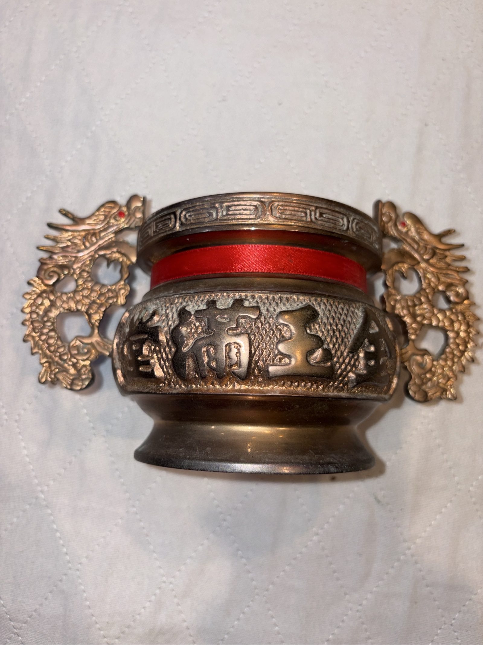 Chinese Dragon Handle Metal Decorative Bowl with Red Ribbon image 2