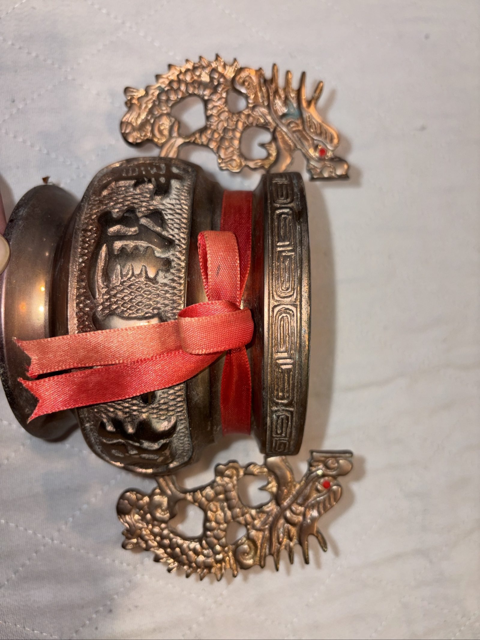 Chinese Dragon Handle Metal Decorative Bowl with Red Ribbon image 3