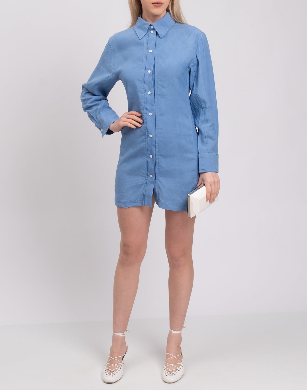 New Victoria Beckham Silk Fitted Shirt Mini Dress Cornflower Blue Size XS image 2