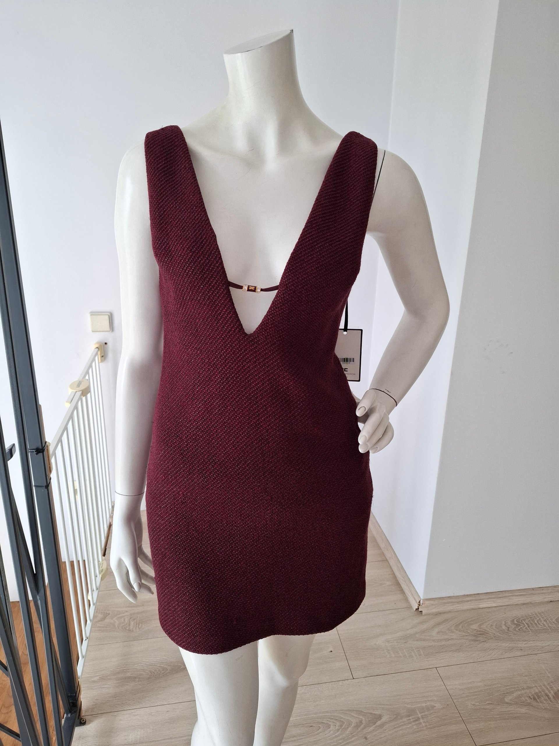 New Elisabetta Franchi Deep V-Neck Plunge Mini Dress Burgundy Size S image 6