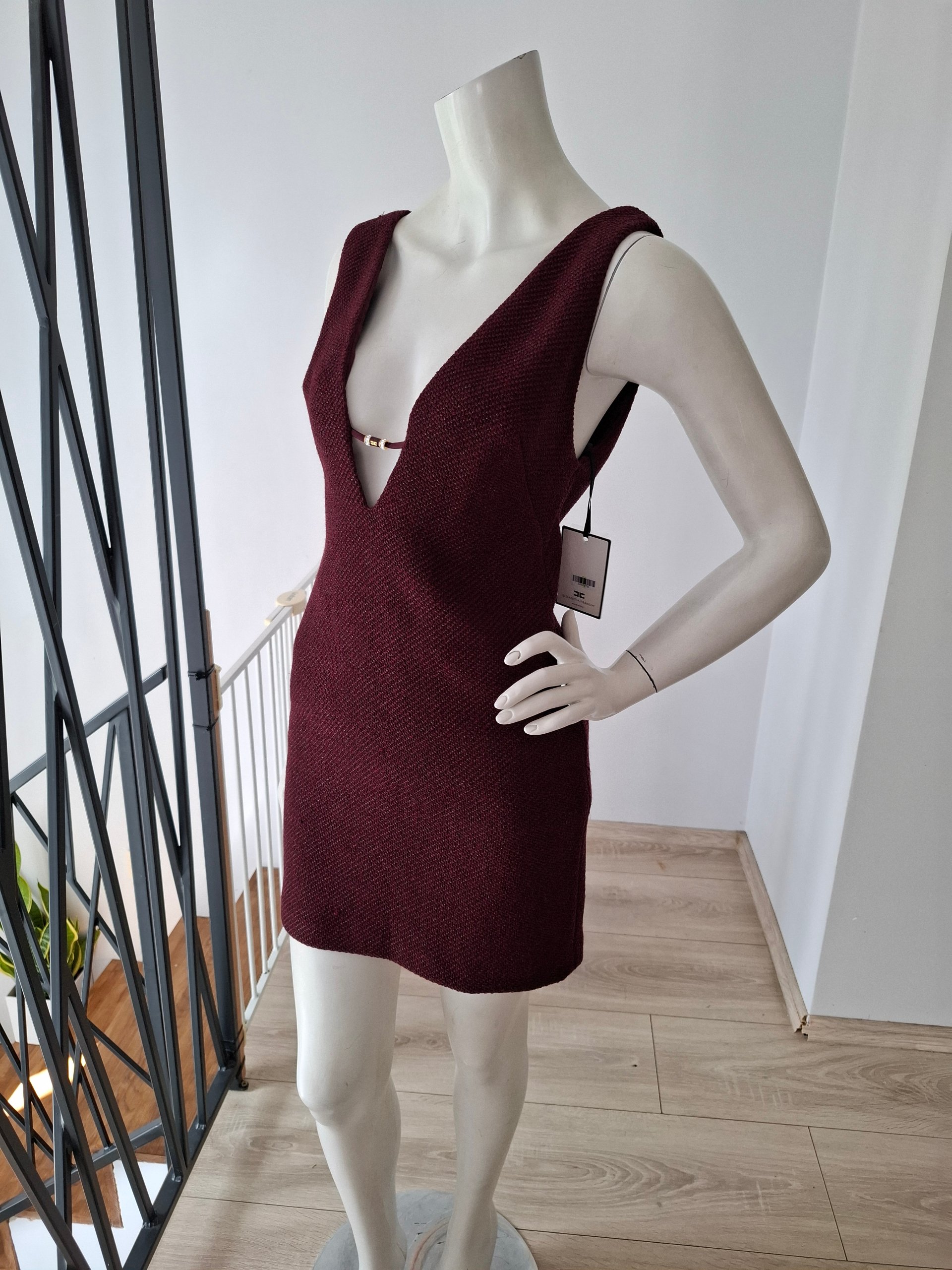 New Elisabetta Franchi Deep V-Neck Plunge Mini Dress Burgundy Size S image 7