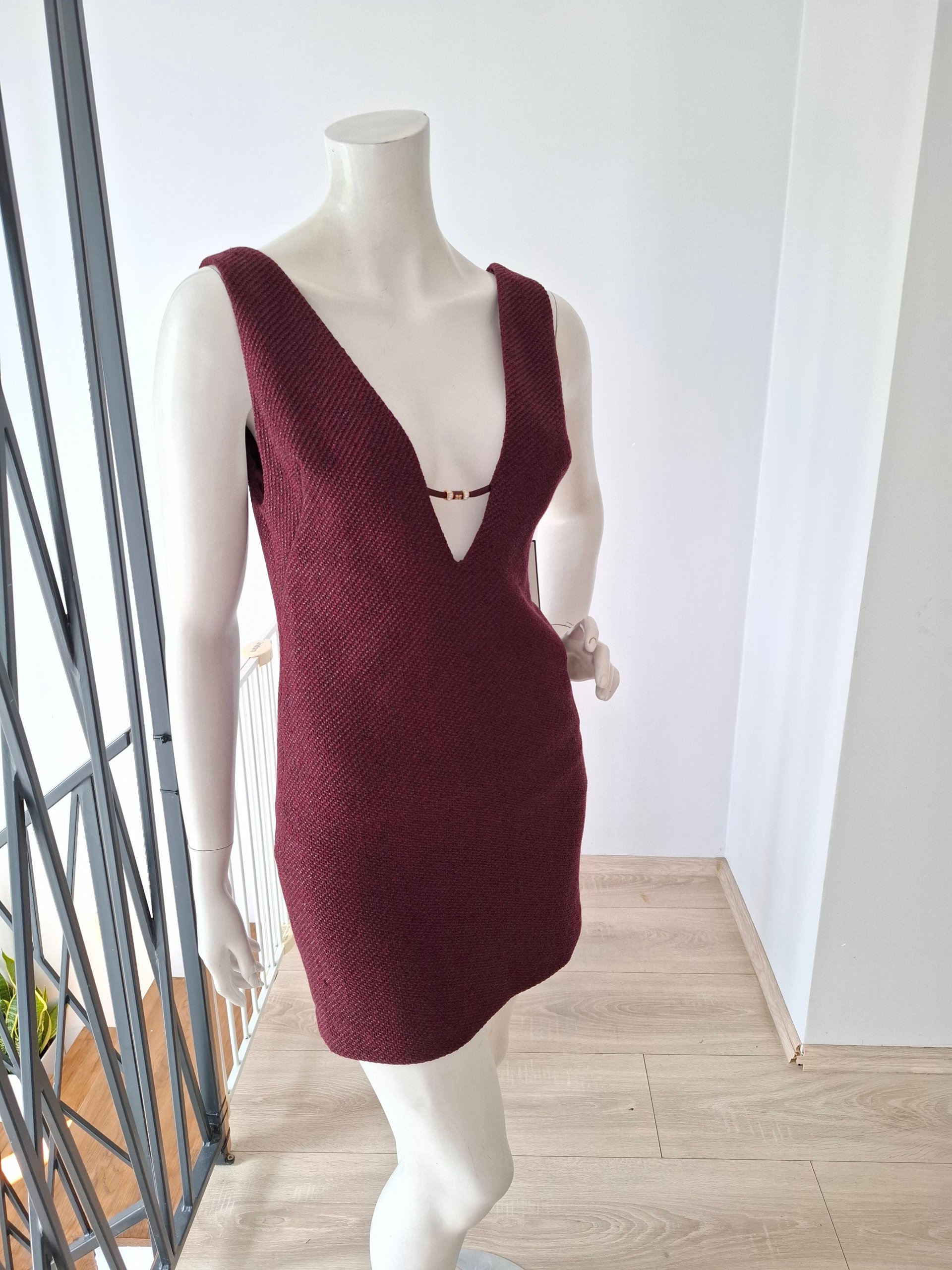 New Elisabetta Franchi Deep V-Neck Plunge Mini Dress Burgundy Size S image 8