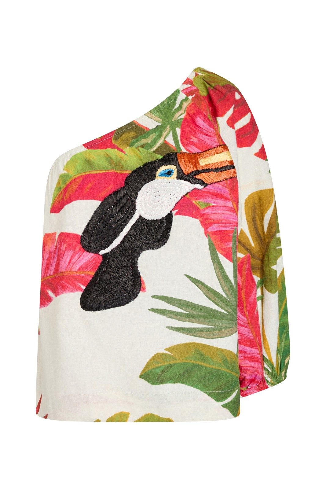 New Farm Rio Spring Forest Embroidered Toucan One Shoulder Blouse Size XS