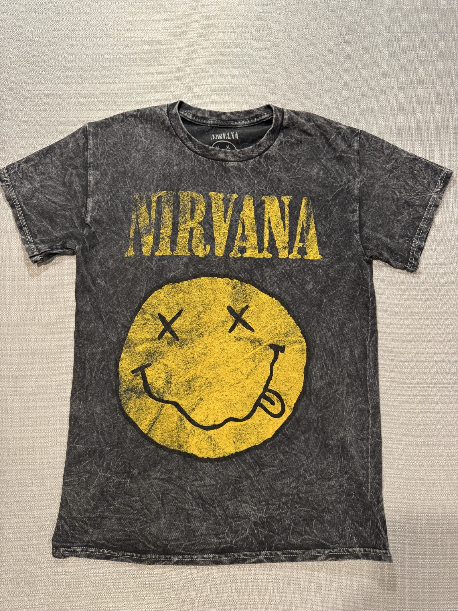 Women's Nirvana Smiley Face Graphic T-Shirt – Black Gray – Small
