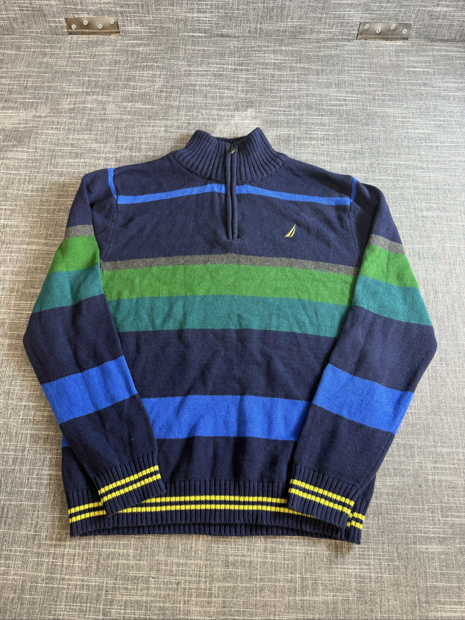 Nautica Men’s Striped Half Zip Cotton Sweater Medium Navy Green Blue