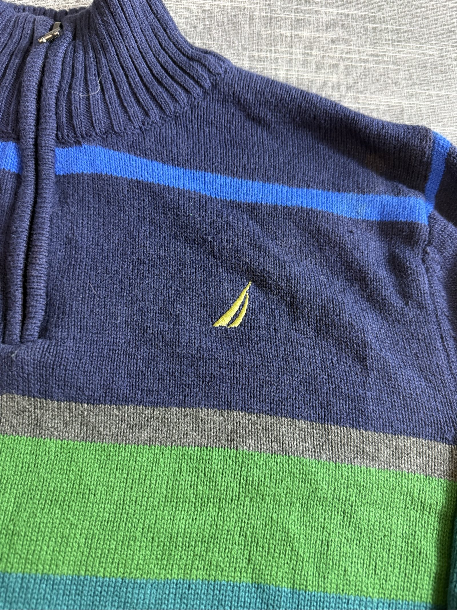 Nautica Men’s Striped Half Zip Cotton Sweater Medium Navy Green Blue image 2