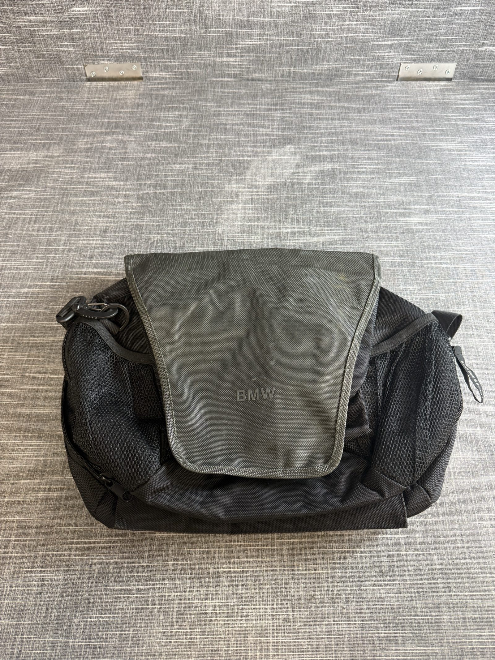 BMW Black Nylon Messenger Bag with Multiple Mesh Pockets Unisex