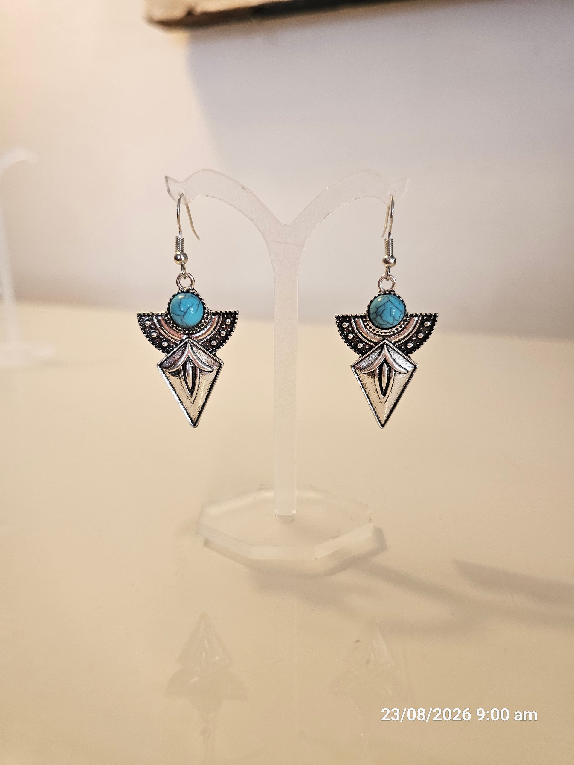 Boho Silver & Turquoise Drop Earrings One Size