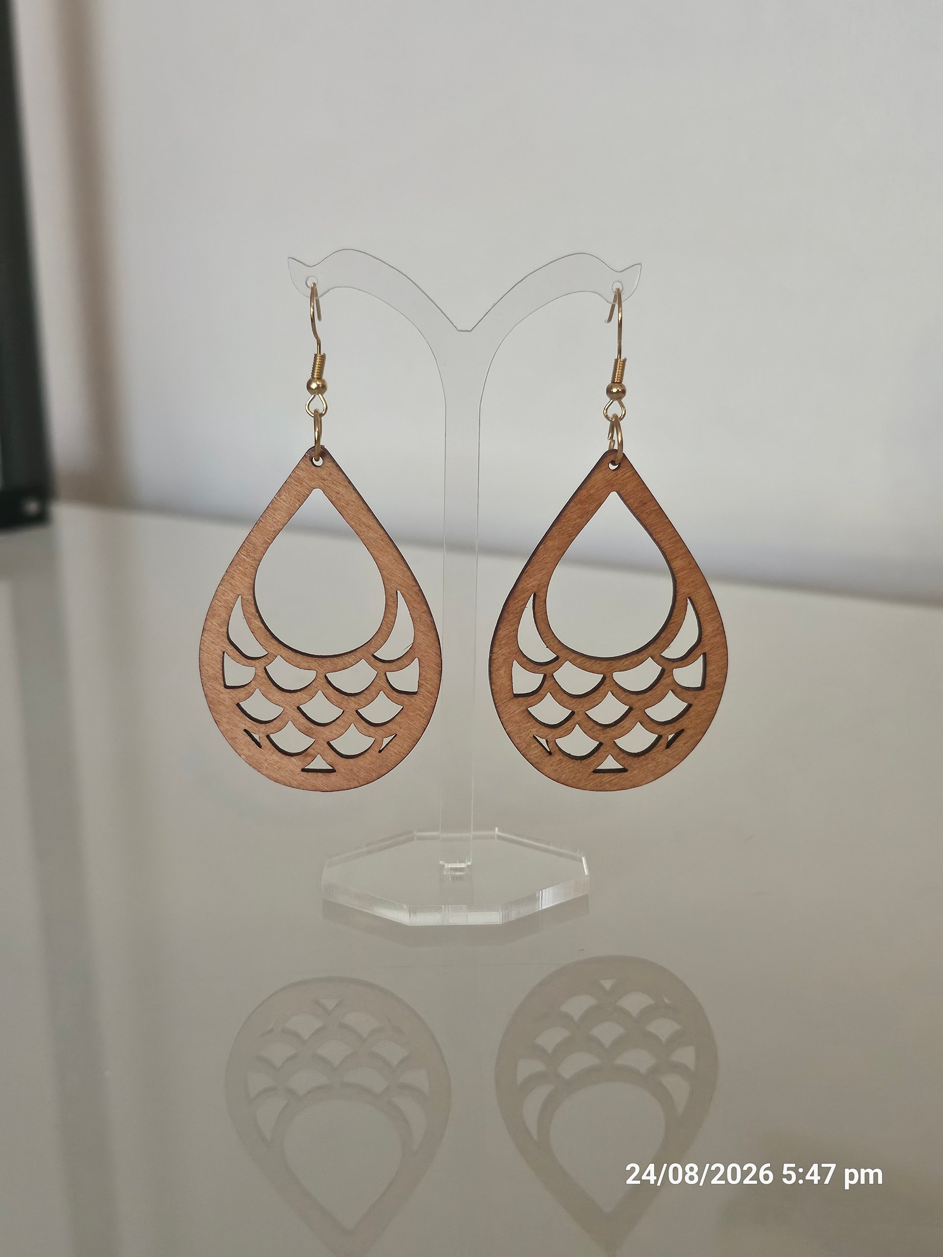 Wooden Brown Drop Dangle Earrings 6 cm Lightweight