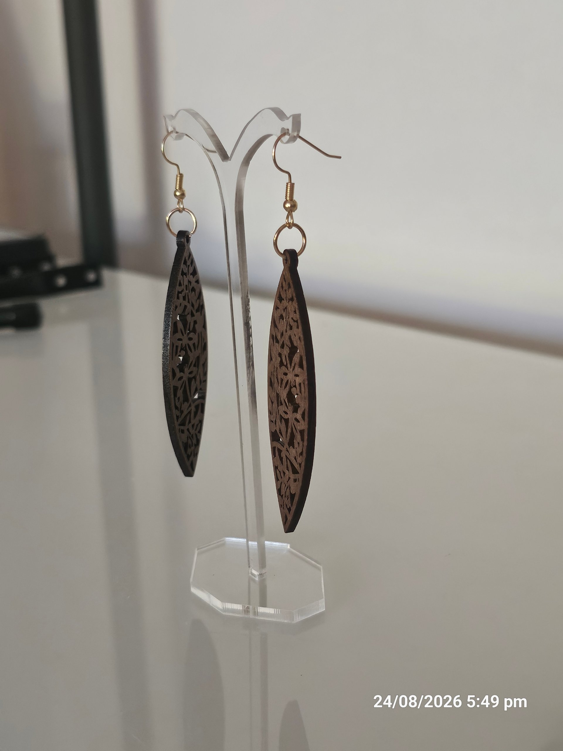 Wooden Brown Floral Cutout Earrings Boho image 2